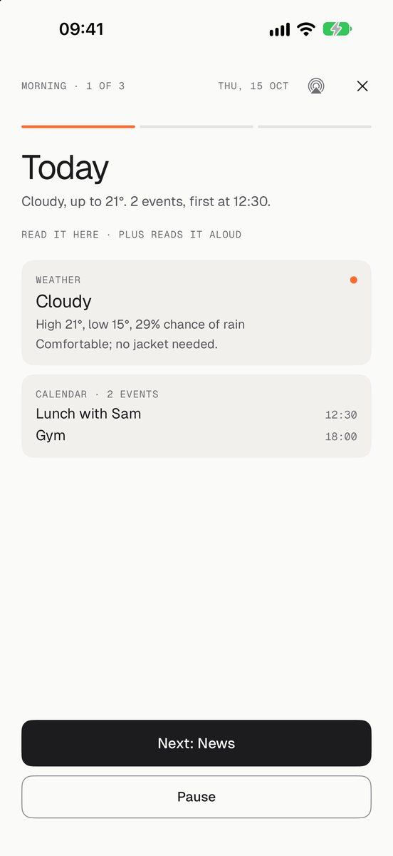 Morning step 1 of 3: cloudy, up to 21 degrees, lunch with Sam at 12:30 and gym at 18:00