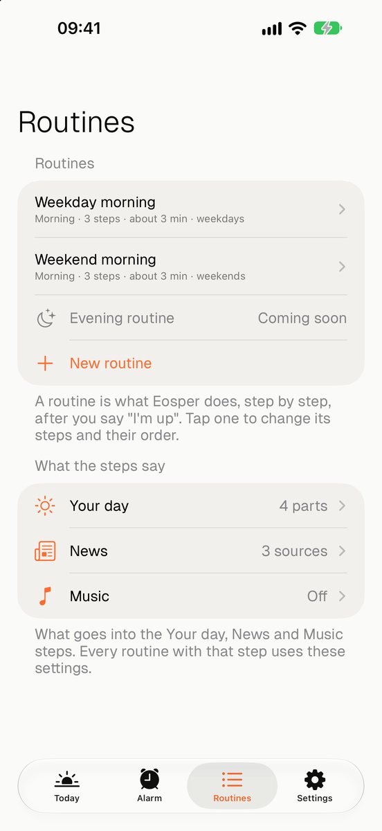 Routines screen: weekday morning and weekend morning, three steps each