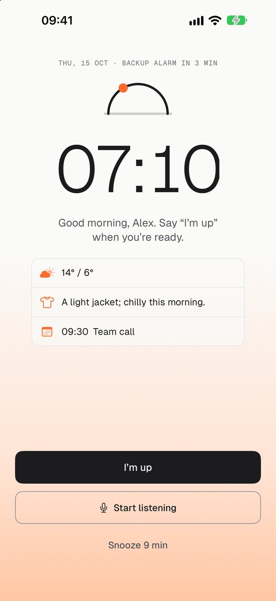 Eosper wake-up screen: 07:10, weather, a light jacket tip and a 09:30 team call, with I'm up and Snooze buttons